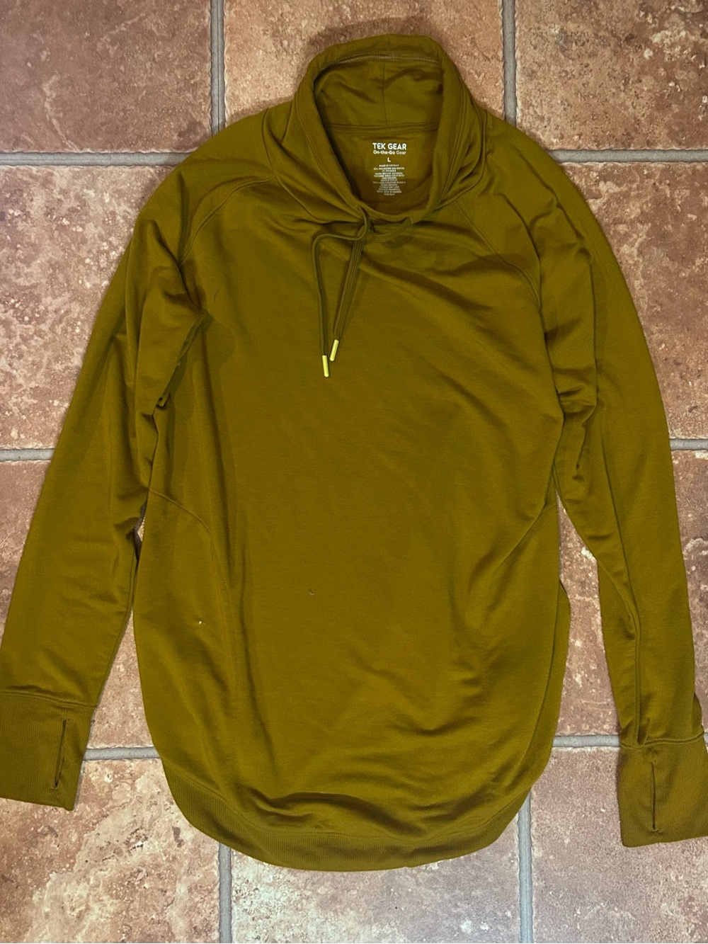 tek gear olive long-sleeve drawstring funnel-neck performance top